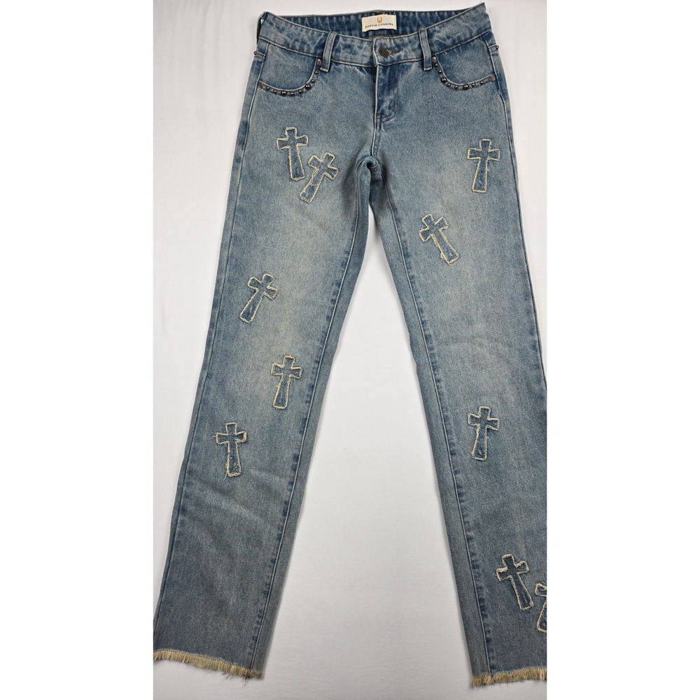 Austin Landing Cross Patch Studded Straight‎ Leg Jeans Light Wash Blue Size 00